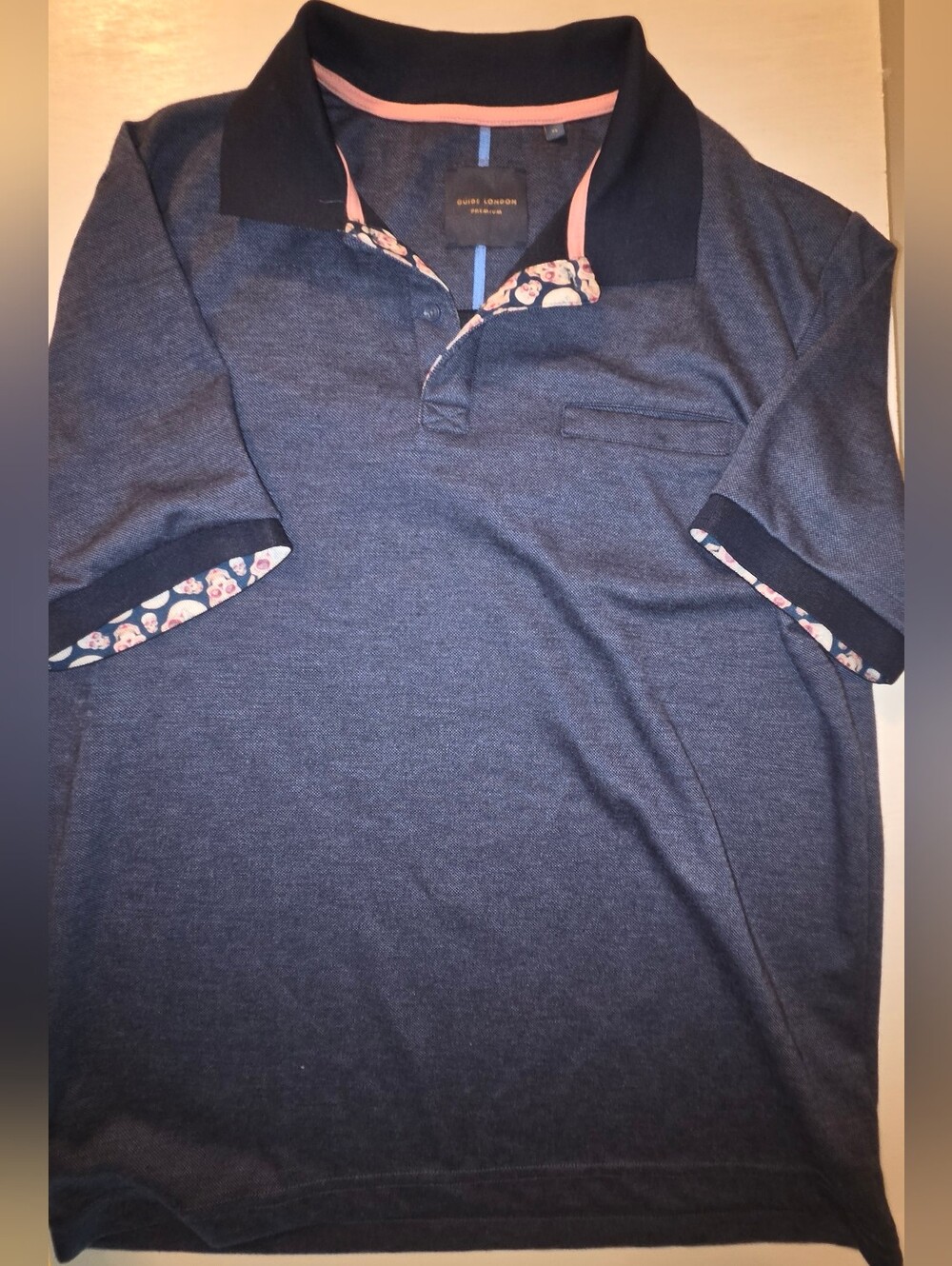 Navy Polo with Black Collar and Pink Trim, Skull Accents XL